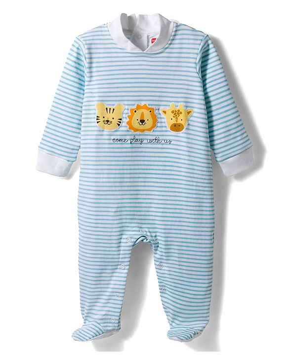 Babyhug Cotton Knit Full Sleeves Footed Sleepsuit With Animal Patch - Blue
