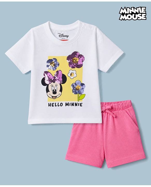 Babyhug Disney 100% Cotton Single Jersey Knit Half Sleeves T-Shirt and Shorts with Minnie Mouse & Flowers Print with Sequins - White, Pink