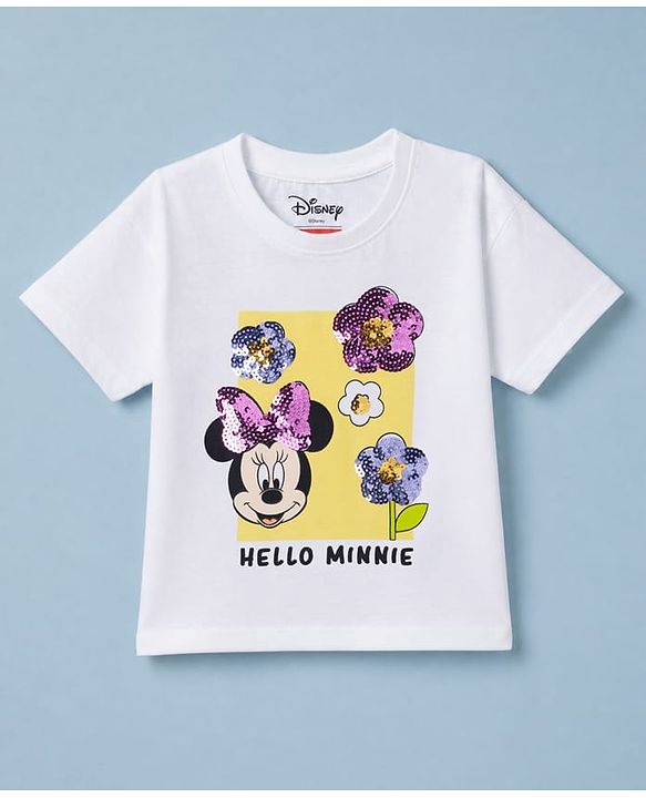 Babyhug Disney 100% Cotton Single Jersey Knit Half Sleeves T-Shirt and Shorts with Minnie Mouse & Flowers Print with Sequins - White, Pink
