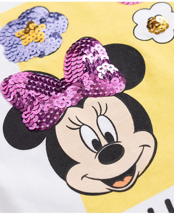Babyhug Disney 100% Cotton Single Jersey Knit Half Sleeves T-Shirt and Shorts with Minnie Mouse & Flowers Print with Sequins - White, Pink