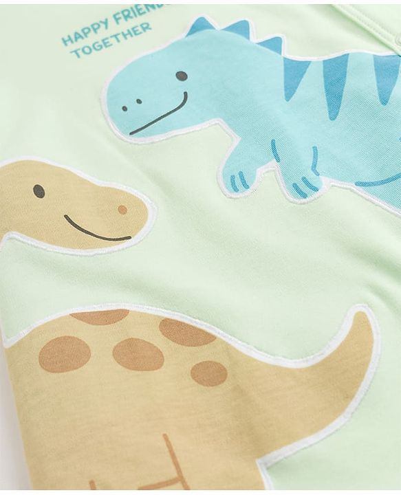 Babyhug Cotton Knit Full Sleeves Dino Embroidered Sleepsuit - Light Green