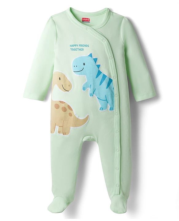 Babyhug Cotton Knit Full Sleeves Dino Embroidered Sleepsuit - Light Green