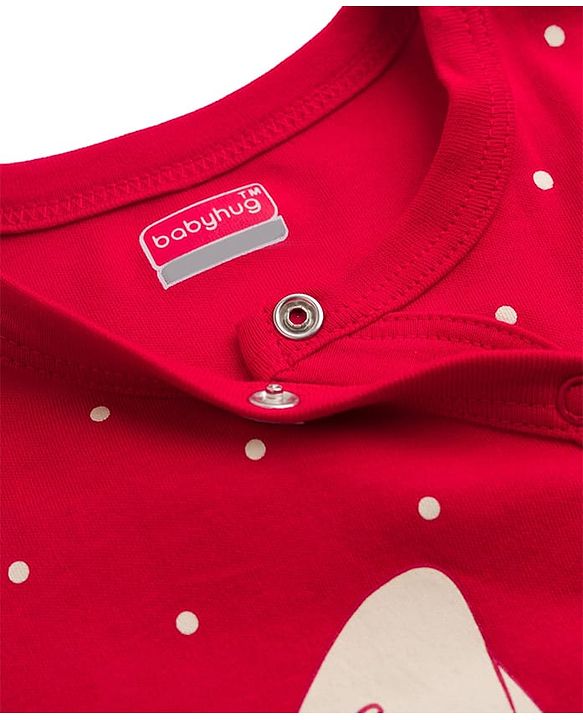 Babyhug Cotton Knit Full Sleeves Footed Sleep Suit With Polka Dot & Bow Print - Red