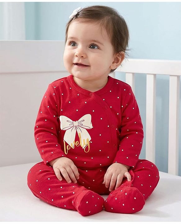 Babyhug Cotton Knit Full Sleeves Footed Sleep Suit With Polka Dot & Bow Print - Red