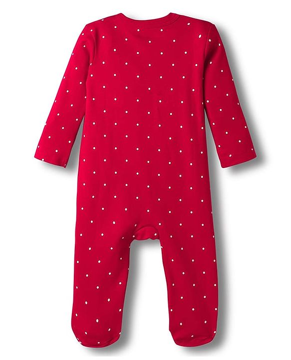 Babyhug Cotton Knit Full Sleeves Footed Sleep Suit With Polka Dot & Bow Print - Red