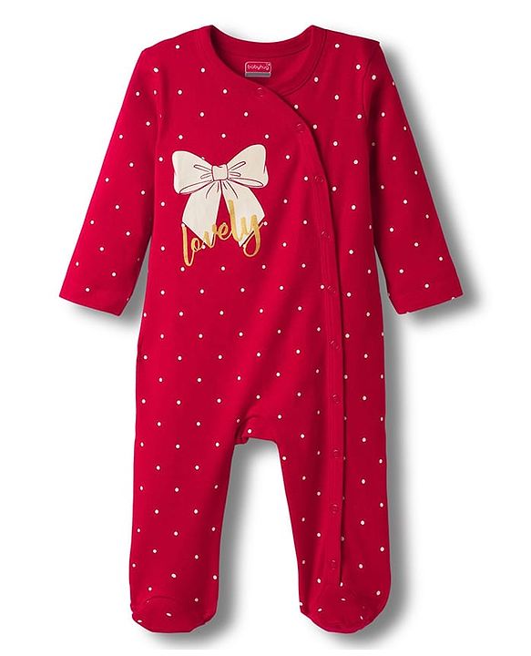 Babyhug Cotton Knit Full Sleeves Footed Sleep Suit With Polka Dot & Bow Print - Red