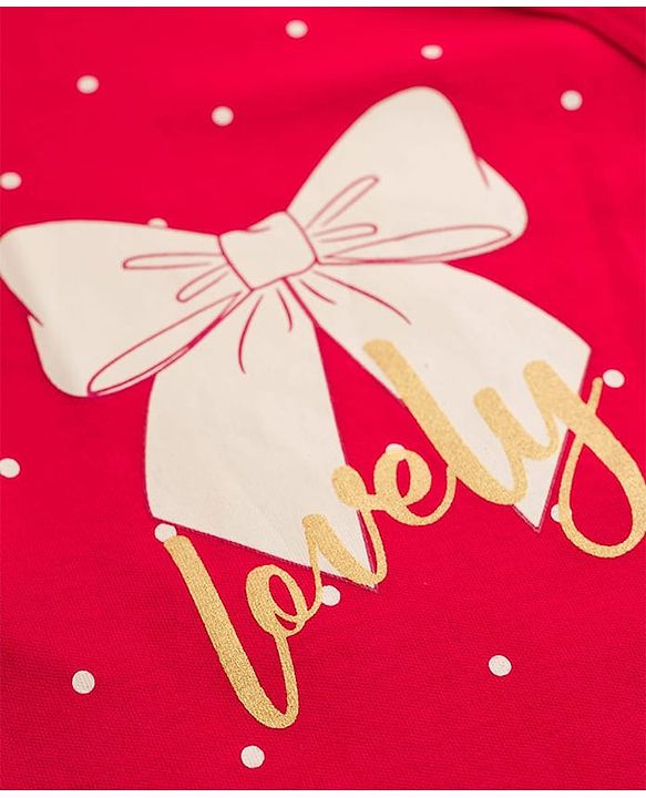 Babyhug Cotton Knit Full Sleeves Footed Sleep Suit With Polka Dot & Bow Print - Red