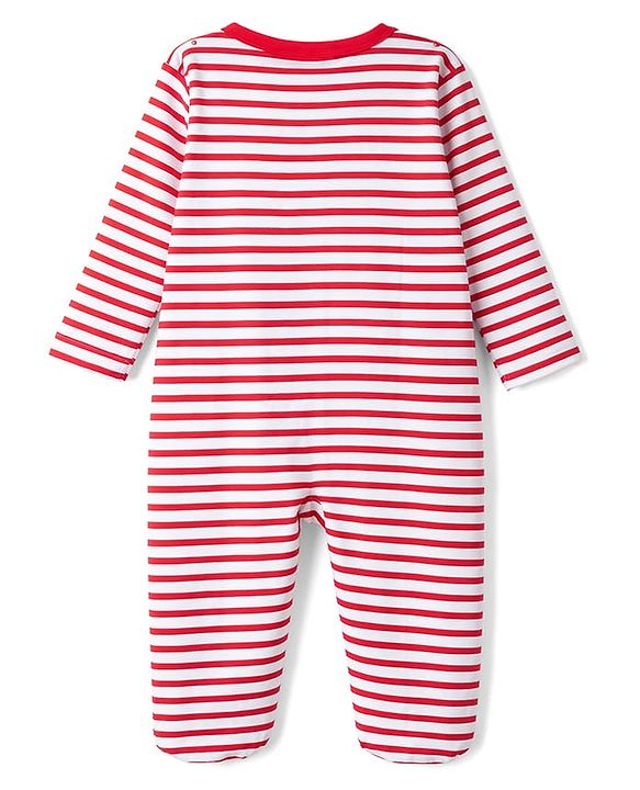 Babyhug Cotton Knit Full Sleeves Striped Footed Sleepsuit WIth Lion Graphics & Applique - Red