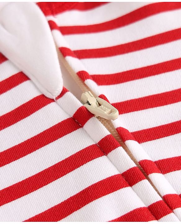 Babyhug Cotton Knit Full Sleeves Striped Footed Sleepsuit WIth Lion Graphics & Applique - Red