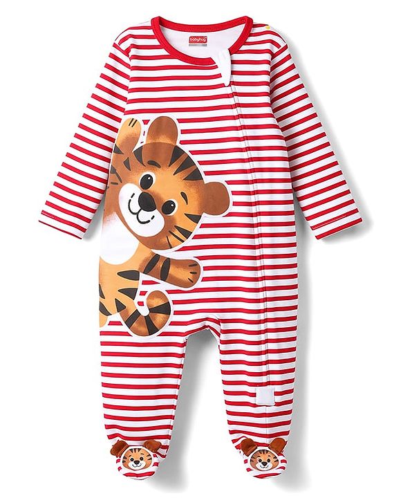 Babyhug Cotton Knit Full Sleeves Striped Footed Sleepsuit WIth Lion Graphics & Applique - Red