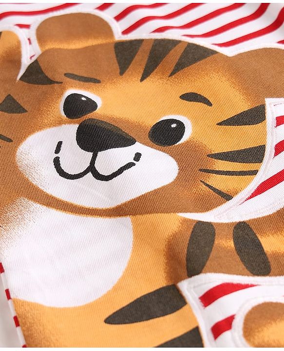 Babyhug Cotton Knit Full Sleeves Striped Footed Sleepsuit WIth Lion Graphics & Applique - Red