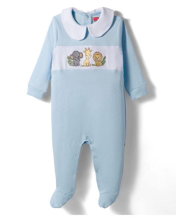 Babyhug Cotton Knit Full Sleeves Footed Sleepsuit With Animal Embroidery - Blue