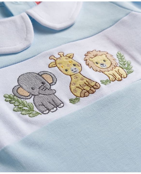 Babyhug Cotton Knit Full Sleeves Footed Sleepsuit With Animal Embroidery - Blue