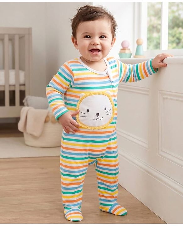 Babyhug Cotton Knit Full Sleeves Striped Sleep Suit with Bear Patch - Multicolor