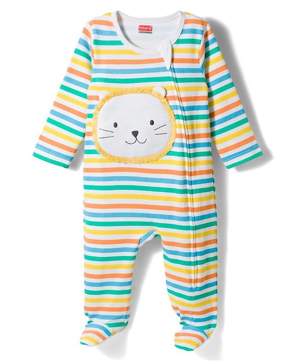 Babyhug Cotton Knit Full Sleeves Striped Sleep Suit with Bear Patch - Multicolor