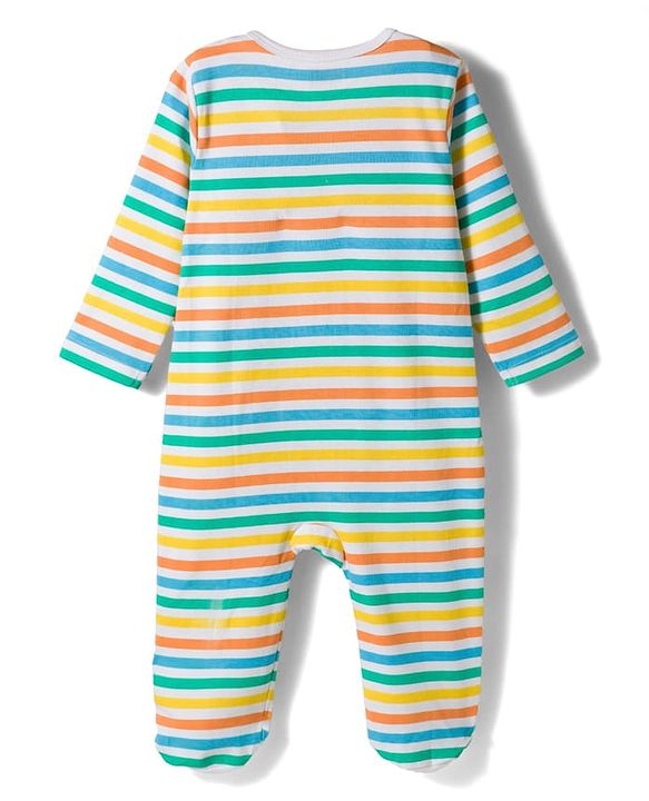 Babyhug Cotton Knit Full Sleeves Striped Sleep Suit with Bear Patch - Multicolor