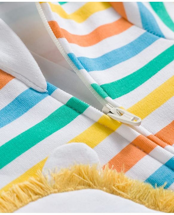 Babyhug Cotton Knit Full Sleeves Striped Sleep Suit with Bear Patch - Multicolor