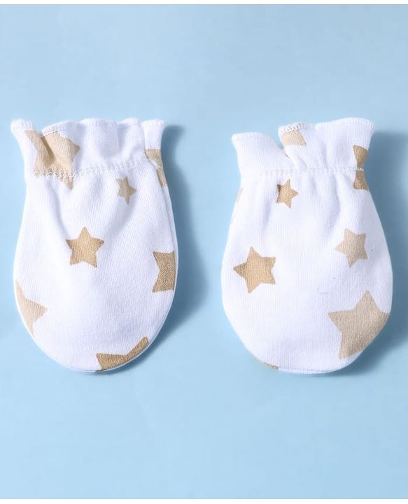 Babyhug 100% Cotton Knit Star Print Mittens and Booties - White