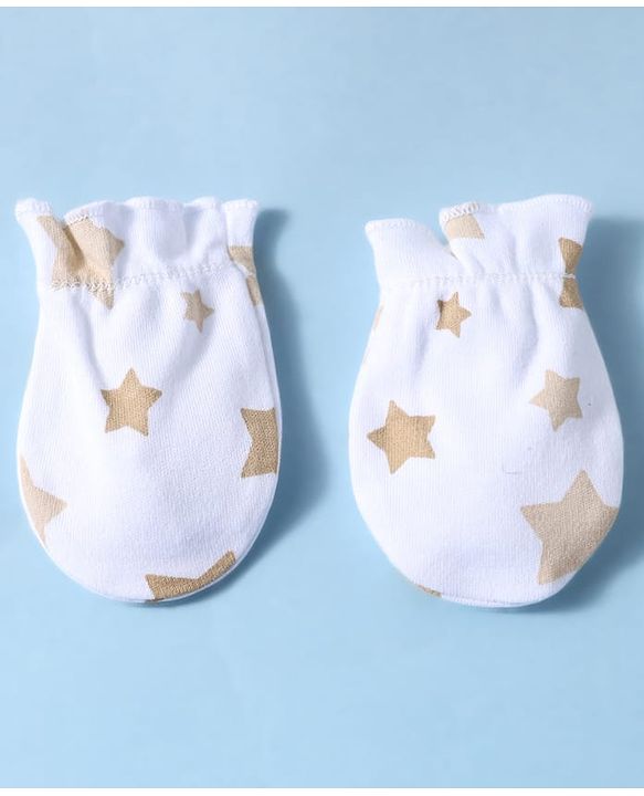 Babyhug 100% Cotton Knit Star Print Mittens and Booties - White