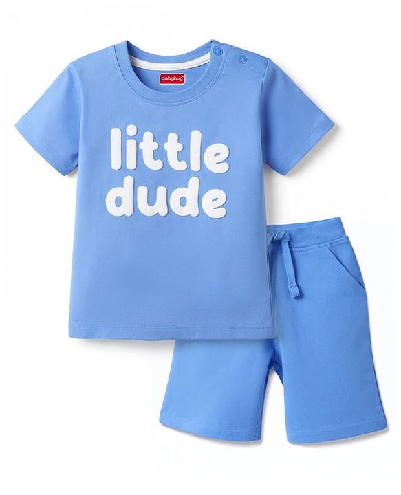 Kookie Kids Single Jersey Knit Half Sleeves T-Shirt & Shorts Set with Little Dude Print - Blue