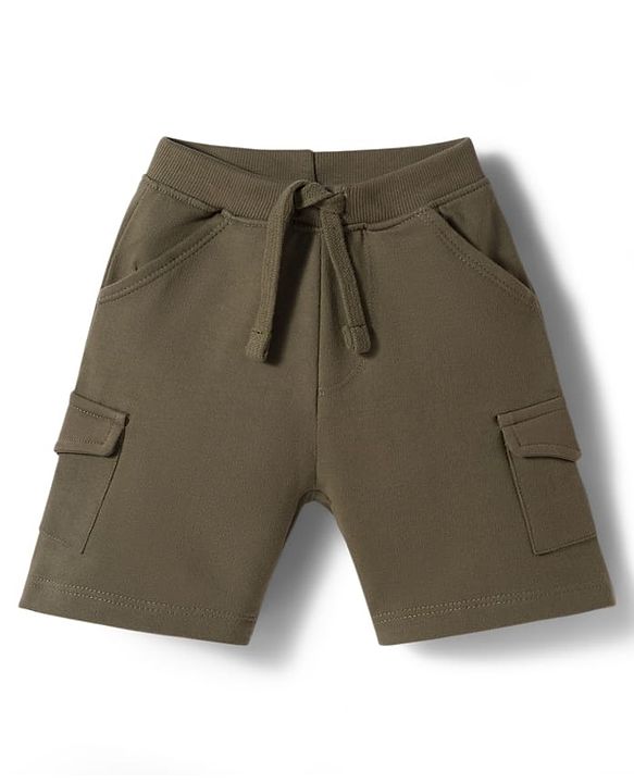 Babyhug Slub Jersey Knit Half Sleeves T-Shirt & Shorts Set with Text Print - Yellow & Olive Green