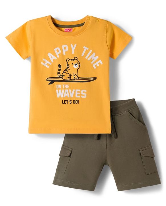 Babyhug Slub Jersey Knit Half Sleeves T-Shirt & Shorts Set with Text Print - Yellow & Olive Green