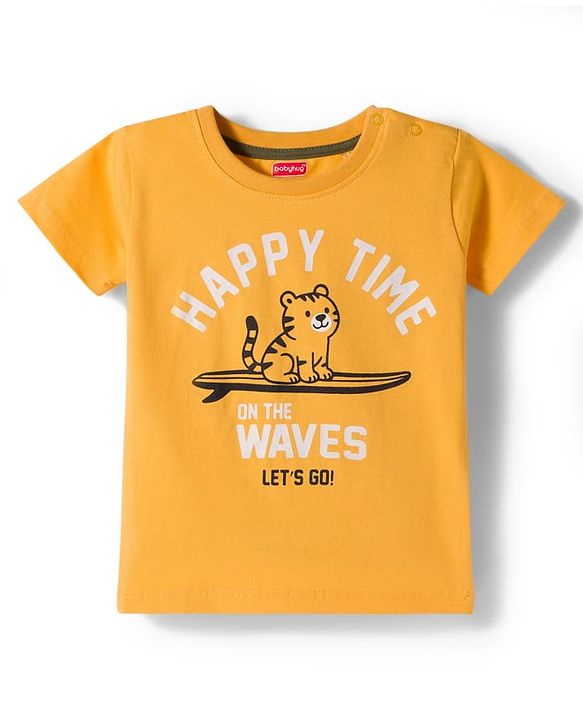 Babyhug Slub Jersey Knit Half Sleeves T-Shirt & Shorts Set with Text Print - Yellow & Olive Green