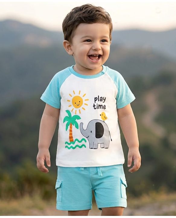 Babyhug Single Jersey Knit Half Raglan Sleeves T-Shirt & Shorts Set with Play Time Print - Aqua Blue