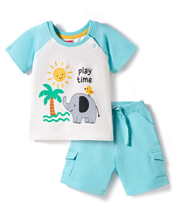 Babyhug Single Jersey Knit Half Raglan Sleeves T-Shirt & Shorts Set with Play Time Print - Aqua Blue