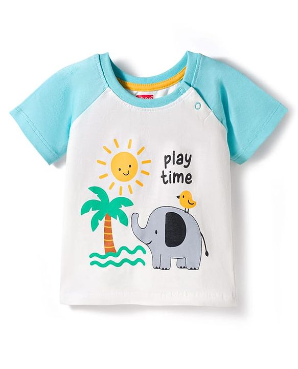 Babyhug Single Jersey Knit Half Raglan Sleeves T-Shirt & Shorts Set with Play Time Print - Aqua Blue