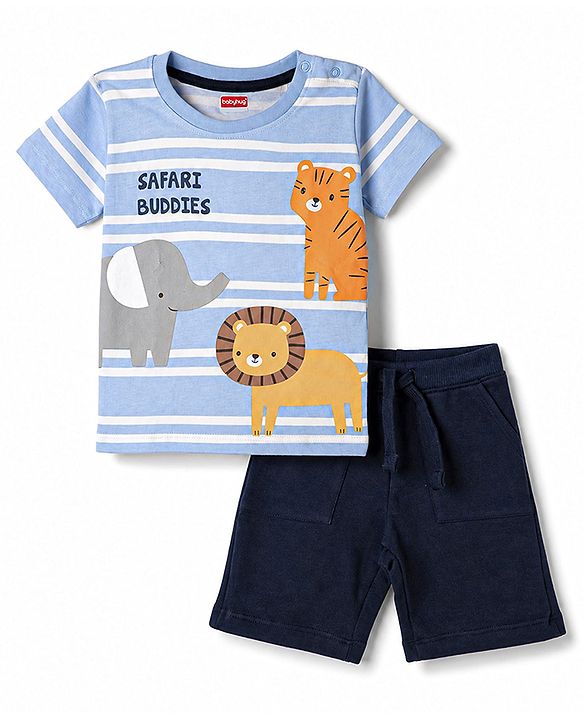 Babyhug 100% Cotton Single Jersey Knit Half Sleeves Striped T-Shirt & Shorts Set With Animal Print - Blue