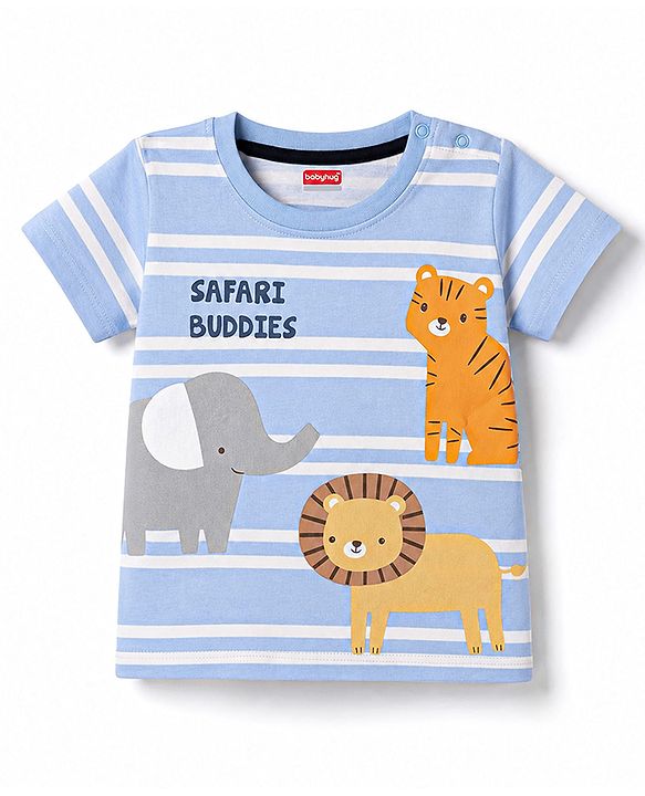 Babyhug 100% Cotton Single Jersey Knit Half Sleeves Striped T-Shirt & Shorts Set With Animal Print - Blue