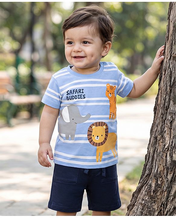 Babyhug 100% Cotton Single Jersey Knit Half Sleeves Striped T-Shirt & Shorts Set With Animal Print - Blue