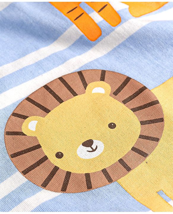 Babyhug 100% Cotton Single Jersey Knit Half Sleeves Striped T-Shirt & Shorts Set With Animal Print - Blue