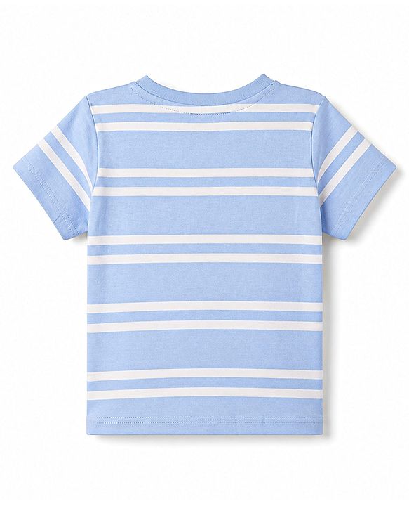Babyhug 100% Cotton Single Jersey Knit Half Sleeves Striped T-Shirt & Shorts Set With Animal Print - Blue