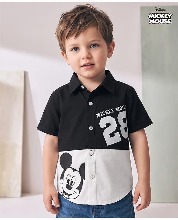 Babyhug Disney Poplin Woven Half Sleeves Cut & Sew Shirt with Mickey Mouse Graphics - Black