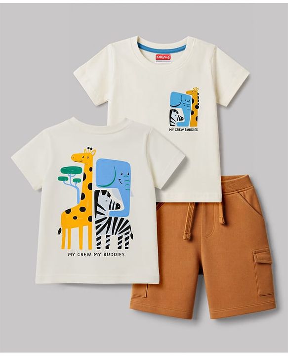 Babyhug Single Jersey Knit Half Sleeves T-Shirt & Shorts Set With Front & Back Animal Print - Multicolor