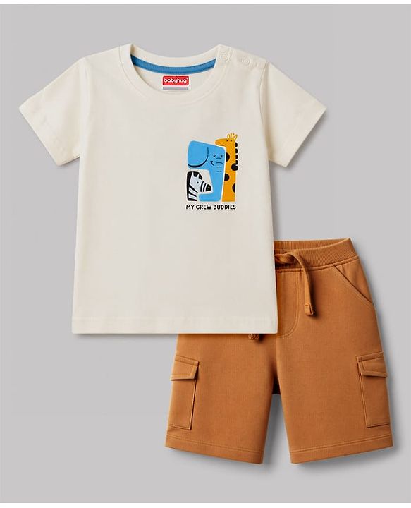 Babyhug Single Jersey Knit Half Sleeves T-Shirt & Shorts Set With Front & Back Animal Print - Multicolor