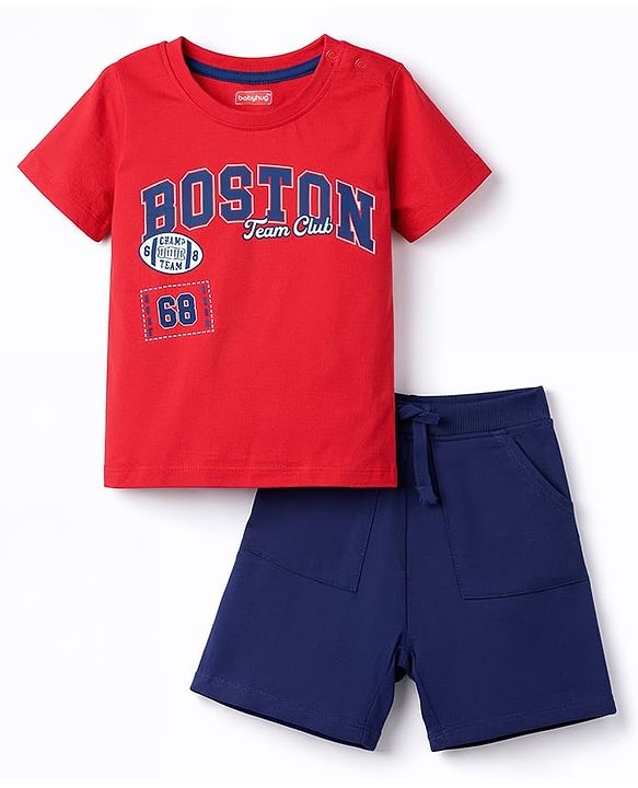 Kookie Kids Single Jersey Knit Half Sleeves T-Shirt & Shorts Set with Boston Print - Navy Blue