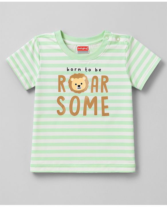 Kookie Kids 100% Cotton Interlock Knit Half Sleeves Striped T-Shirt & Shorts Set With Animal Print - Multicolor