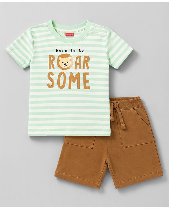Kookie Kids 100% Cotton Interlock Knit Half Sleeves Striped T-Shirt & Shorts Set With Animal Print - Multicolor
