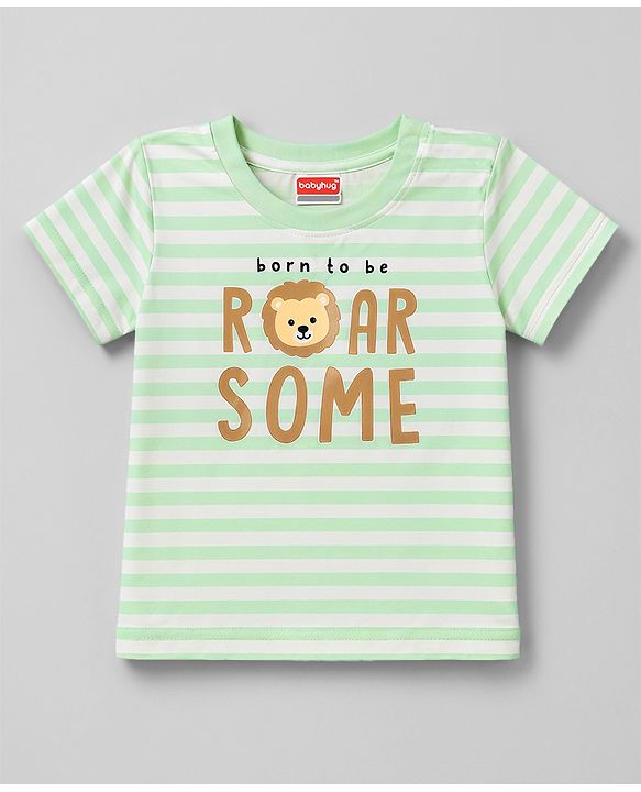 Kookie Kids 100% Cotton Interlock Knit Half Sleeves Striped T-Shirt & Shorts Set With Animal Print - Multicolor