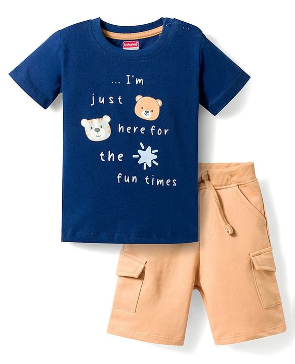 Babyhug Slub Jersey Knit Half Sleeves Animal Printed T-Shirt & Shorts Set - Navy Blue