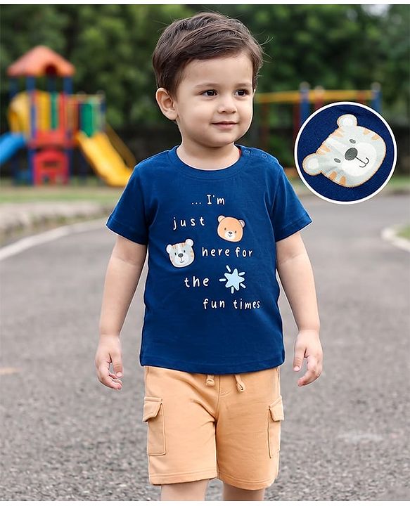 Babyhug Slub Jersey Knit Half Sleeves Animal Printed T-Shirt & Shorts Set - Navy Blue