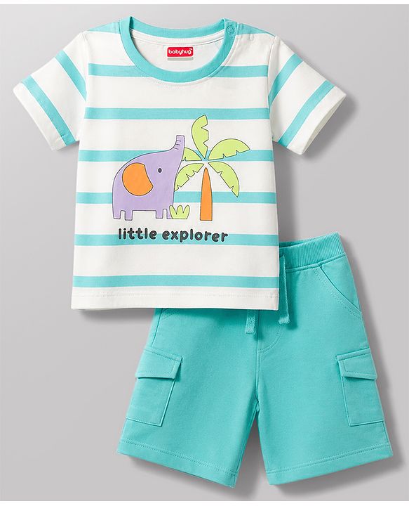 Babyhug 100% Cotton Single Jersey Knit Half Sleeves Striped T-Shirt & Shorts Set With Animal Print - Aqua Blue