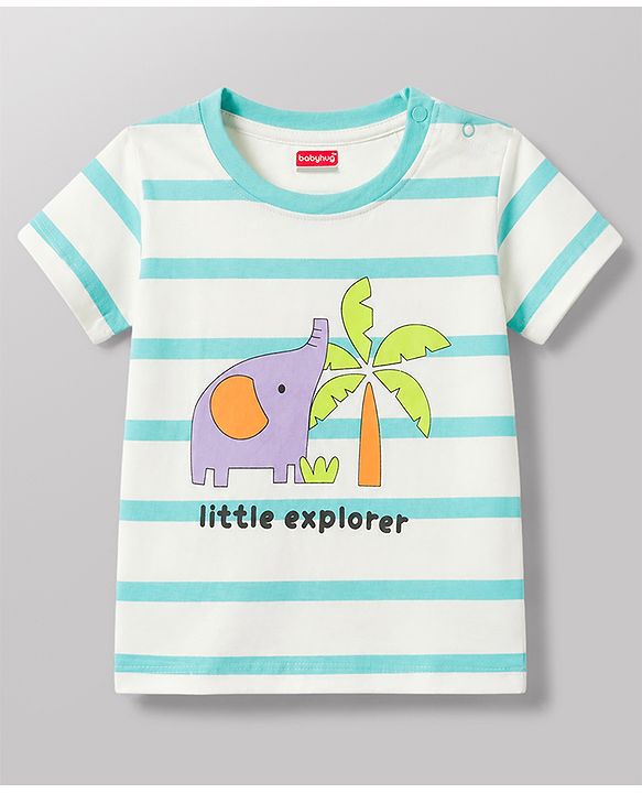 Babyhug 100% Cotton Single Jersey Knit Half Sleeves Striped T-Shirt & Shorts Set With Animal Print - Aqua Blue