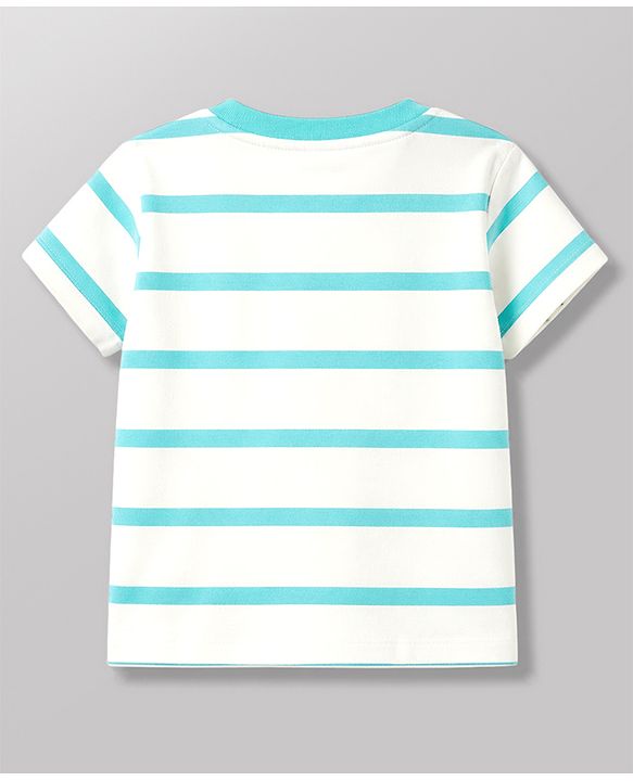 Babyhug 100% Cotton Single Jersey Knit Half Sleeves Striped T-Shirt & Shorts Set With Animal Print - Aqua Blue