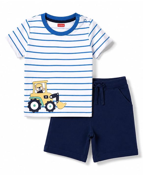 Kookie Kids 100% Cotton Single Jersey Knit Half Sleeves Striped T-Shirt & Shorts With JCB Print - Blue