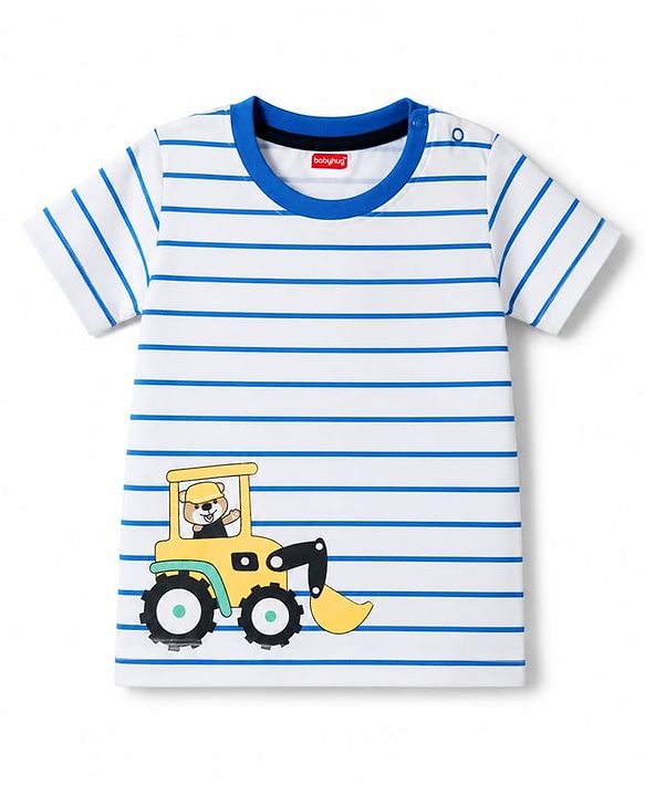 Kookie Kids 100% Cotton Single Jersey Knit Half Sleeves Striped T-Shirt & Shorts With JCB Print - Blue