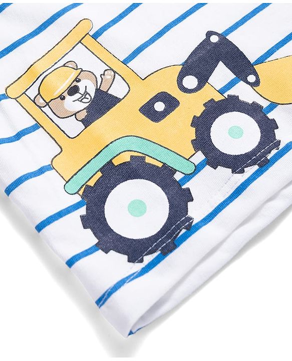 Kookie Kids 100% Cotton Single Jersey Knit Half Sleeves Striped T-Shirt & Shorts With JCB Print - Blue